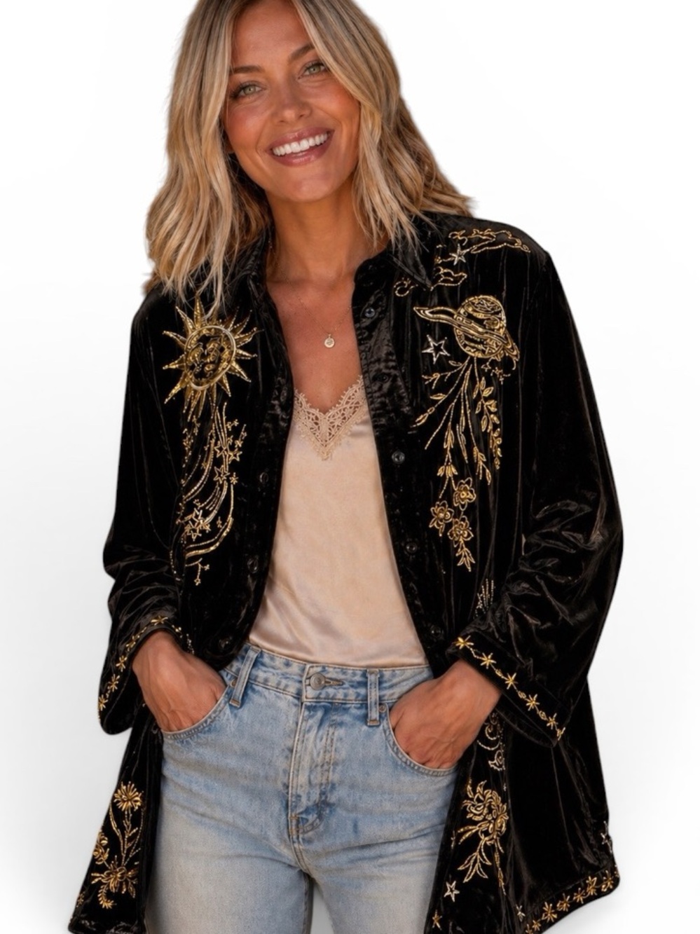 Johnny Was heavily embroidered celestial Miaora Velvet Kimono Shirt/Jacket NWT - Picture 3 of 16